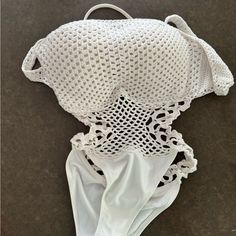 Handmade From Etsy. Never Worn. Small Tear That I Repaired On Inside Of Bra Area Of Suit (Pictured). White Fitted Crochet Top For The Beach, Fitted White Crochet Top For Beach Season, Fitted White Crochet Top For Beachwear, White Crochet Top For Poolside Summer Style, White Summer Crochet Top For Poolside, White Crochet Top For Poolside Summer Wear, Sleeveless Crochet Swimwear For Beach, Sleeveless Crochet Swimwear For Beach Party, Crochet Sleeveless Swimwear For Beach