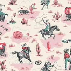 an image of cowboys on horses in the desert with cactuses and cacti