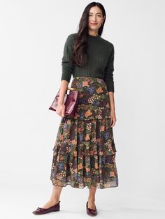 The Giulia Skirt is a versatile and feminine addition to any wardrobe. Its tiered design creates a flowy silhouette that can be dressed up with heels or dressed down with ballet flats. | J.McLaughlin Women's Giulia Skirt in Verdant Garden Olive, Size 10 Tiered Skirt Outfit, Mom Clothes, Paisley Skirt, Olive Skirt, Deep Autumn, J Mclaughlin, Autumn Clothes, Teacher Style, Floral Outfit