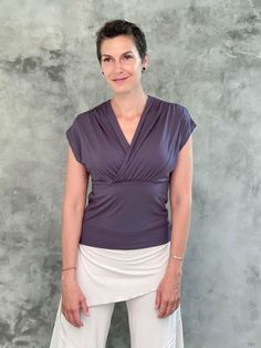 caraucci plant-based rayon stretch jersey steel grey cross over neckline top #color_steel Casual Wrap Top For Spring Layering, Spring Casual Wrap Top For Layering, Versatile Yoga Tops For Spring, Versatile Spring Yoga Tops, Casual Wrap Top For Layering, Casual Fitted Wrap Tops, Versatile Fitted Short Sleeve Wrap Top, Versatile Fitted Wrap Top With Short Sleeves, Versatile Stretch Wrap Top