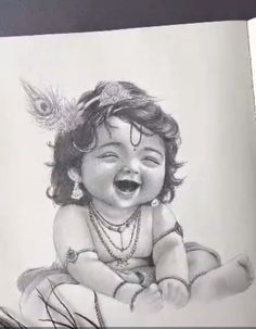 a drawing of a laughing baby with feathers on her head