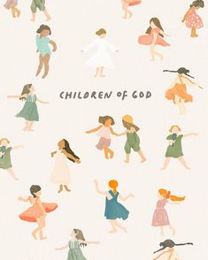 the children of god are dancing together in different colors and sizes, with words above them