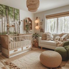 a living room filled with furniture and a baby crib