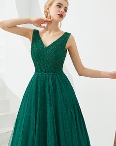 amazing v-neck green beading a-line evening dress Backless Formal Dresses, Green Formal Dresses, Green Evening Dress, A Line Evening Dress, Dress With Pleats, Tulle Evening Dress, Evening Dresses Online, Evening Dress Floor Length, Lace Formal Dress