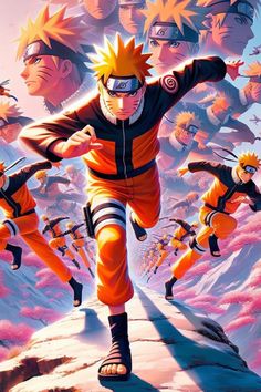 the character naruto is running through an animated scene with other characters in the background