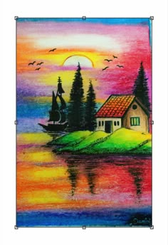 a painting of a house on the water with trees and birds flying over it at sunset