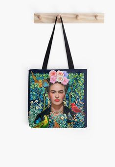 Soft polyester canvas shopping bag with edge-to-edge print on both sides. Fully lined for extra strength. Three sizes to choose from. Magdalena Carmen Frida Kahlo y Calderón was a Mexican painter known for her many portraits, self-portraits, and works inspired by the nature and artifacts of Mexico. Blue Bags With Graphic Print For Daily Use, Blue Rectangular Bag With Graphic Print, Portrait Flowers, Frida Kahlo Portraits, Flowers Colorful, Canvas Shopping Bag, Tote Bag Pattern, Print Tote, Printed Tote Bags