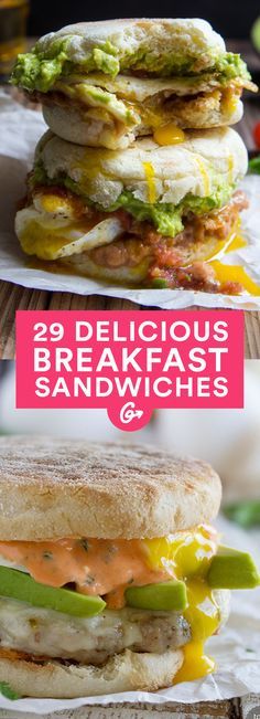 three delicious breakfast sandwiches are stacked on top of each other with the words, 3 delicious breakfast sandwiches and 2