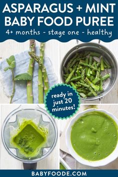 process photos of the ingredients followed by them in a pan and then a blender and the final shot is of the green puree in a bowl with baby spoon Stage 1 Baby Food, Baby Food Recipe, Baby Dinner, Baby Puree, Baby Puree Recipes, Homemade Baby Foods, Homemade Baby Food