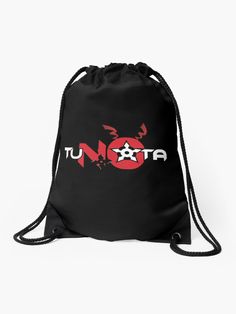 a black drawsack bag with the word tunata on it and an image of a red