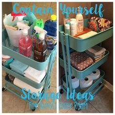 two pictures side by side with the words container ideas for every room on top and bottom