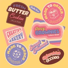 various stickers are shown on a yellow background, including cookies and ice creams