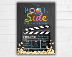 a chalkboard movie poster with popcorn on it and the words pool side written in neon colors