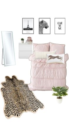 a bedroom with pink bedding and animal print rugs on the floor next to a mirror