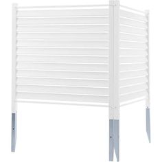 a white slatted privacy screen with metal legs and two posts on each side