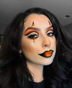 Orange Makeup Looks Halloween, Orange And Black Clown Makeup, Orange Clown Makeup, Halloween Makeup Orange, Orange Halloween Makeup, Candy Corn Makeup, Halloween Glam Makeup