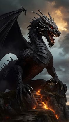 a large black dragon sitting on top of a rock next to stairs and fire coming out of its mouth