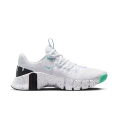 (WMNS) Nike Free Metcon 5 'White Emerald Rise Black' DV3950-101 White Lace-up Sneakers For Gym, White Workout Sneakers With Boost Midsole, White Running Shoes With Boost Midsole For Workout, White Functional Sneakers For Gym, White Athletic Fit Sneakers For Workout, Functional White Gym Sneakers, White Athletic Sneakers For Gym, White Breathable Sneakers For Gym, White Running Shoes With Boost Midsole For Gym