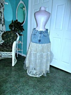 "This \"Belle Bohémienne\" jean skirt is one of my line of Renaissance Denim Couture, the name I chose for my line of couture because I take vintage denim and give it new life with French bohemian flair. To make this Renaissance Denim couture, I took an authentic pair of vintage 1970's GAP jeans and upcycled them by adding an exquisite vintage Marrika Nakk skirt that has lots of layers of gorgeous, exquisite, antique eyelet lace and soft bridal tulle in beautiful golden beige and ceam The waist Cowgirl Mermaid, Fairy Cowgirl, Denim Couture, French Bohemian, Lace Jeans, Church Fits, Rose Jeans, Fairy Festival, Boho Fairy