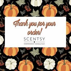 a thank card with pumpkins and leaves in the background that says, thank you for your order