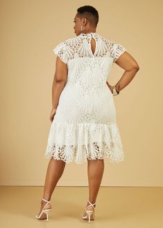 Flounced Lace Babydoll Dress, White Fitted Midi Dress With Cutwork Hem, Stretch Lace Sheath Bodycon Dress, Knee-length Lace Stretch Midi Dress, Stretch Lace Knee-length Midi Dress, Knee-length Lace Midi Dress, Elegant Knee-length Crochet Dress With Lace Trim, Knee-length Stretch Lace Midi Dress, Elegant Fitted Knee-length Crochet Dress, Fitted Knee-length Crochet Dress With Lace Trim