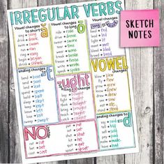 the irregular verbs worksheet is shown on a wooden background