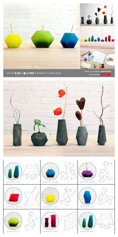 several different types of vases are shown in three different pictures, one is green and the other is red