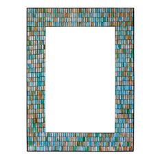 a blue and brown mosaic tile frame on a white wall with a square hole in the middle