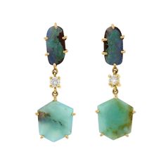 Transport to luxurious, stunning white beaches and clear turquoise waters while wearing these majestic statement earrings inspired by the Island of Corsica, France. Impeccably curated with breathtaking Peruvian Opals- along with mesmerizing Yowah Boulder Opals and then finished with tantalizing Diamonds.  All are handset with effortlessly elegant 18K Gold. Top Gemstone: Yowah Boulder Opal, Bottom Gemstone: Peruvian Opal Center Stone: Diamond 0.25 - 0.30 total diamond carat weight Handset in 18K Gold  Push back for pierced ears All stones have Mother Nature's kiss. Brushstrokes, feathers or small inclusions may be found on organic gemstones. Packaged in Jan Leslie black wood lacquer box and gift ready pouch perfect for gifting and storage. Handcrafted by Jan's Artisans. * Limited Edition On Corsica France, Peruvian Opal, French Wire, Boulder Opal, Pierced Ears, Gemstone Earrings, Crystal Earrings, Ear Piercings, Statement Earrings