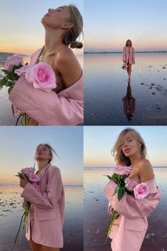 a woman standing on top of a beach next to the ocean with flowers in her hand