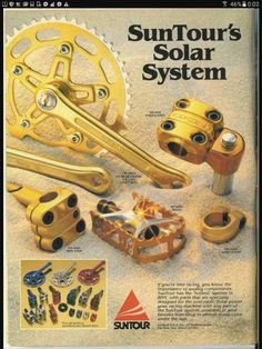 an advertisement for suntour's solar system, with gold parts and instructions on it