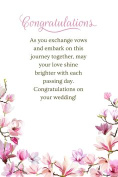 congratulations card with pink flowers on white background