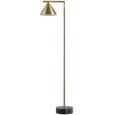 a floor lamp with a black base and a gold shade on the top of it