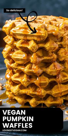 vegan pumpkin waffles stacked on top of each other