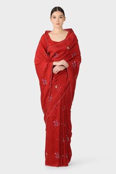 Rust red saree featuring resham hand embroidered floral motifs all over and running stitch on the hem. - Aza Fashions Floral Saree, Saree For Women, Embroidered Saree, Red Saree, Running Stitch, Floral Motifs, Aza Fashion, Floral Motif, Hand Embroidered