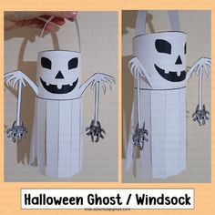 two pictures of a paper bag with a ghost and spider hanging from it's side