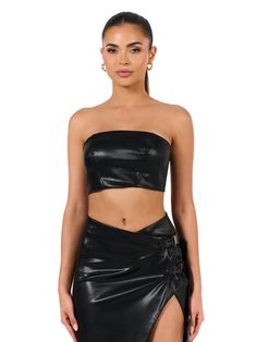 Our bandeau tube top arrives in vegan leather fashion and princess seam detail. Dual strap detail in the back with adjustability and belt buckle closure. Vegan Leather Collection Import Self: 60% PU, 40% Viscose Lining: 95% Polyester, 5% Spandex Model wears X-Small True to size Edgy Bandeau Tube Top For Club, Chic Strapped Bandeau Tube Top, Chic Bandeau Tube Top With Straps, Edgy Bandeau Tube Top For Party, Black Tube Top With Straps For Night Out, Black Strappy Tube Top For Night Out, Edgy Strapless Tube Top For Party, Edgy Strapless Tube Top For Night Out, Solid Strapless Crop Top For Party