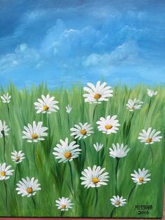 a painting of white daisies in a green field with blue sky and clouds behind them