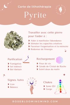 Découvre les correspondances de la Pyrite avec cette carte de lithothérapie à épingler dans ton tableau Pinterest ou à glisser dans ton grimoire witchy. Purification, rechargement, association astrologique, chakras, on te dévoile tout ! Rose Blooming, Les Chakras, Yoga, Boutique