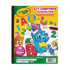 crayon lil learners activity pad with numbers, letters and animals on it