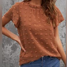 Brown Ruffled Sleeve Swiss Dot Blouse Woman's Size Medium That Swiss Dot Fabric Is So Light And Feminine You Are Going To Love Styling This Cutie With Dark Or Light Wash Jeans This Blouse Features Short Sleeves, A Round Neckline, And A Swiss Dot Fabric You Can Freely Pair It With Shorts, Jeans, Casual Pants, Skirts And So On Material:100%Polyester Style:Casual Sleeve Length: Short Sleeve Neckline:Round Neck Details:Frill Silhouette:Sheath Occasion:Daily Clothes Length:Regular Pattern:Polka Dot P Brown Ruffled Top With Short Sleeves, Casual Polka Dot Swiss Dot Top, Summer Swiss Dot Short Sleeve Top, Casual Swiss Dot Blouse, Swiss Dot Blouse, Swiss Dot Fabric, Neck Details, Backless Halter Top, Daily Clothes