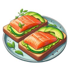 two pieces of bread with salmon and avocado on them sitting on a plate