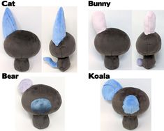 four pictures of stuffed animals with different ears and nose shapes, including an elephant, bear, koala, and bunny