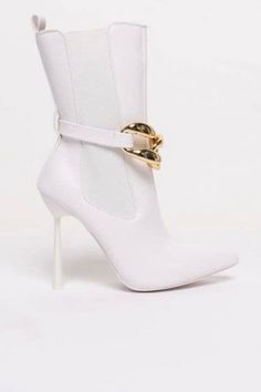 A cylindrical heel balances a fierce boot styled with a chunky vamp chain and sharp, pointed toe that will instantly elevate your daring style. Synthetic upper, lining and sole Imported Heel height 4.5 Cinderella Wedding Shoes, White Heeled Boots, Chunky Heel Shoes, Azalea Wang, Fancy Shoes, Mid Calf Boots, Stiletto Heel, Chunky Heels, Mid Calf