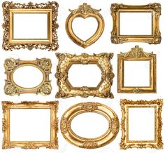 an assortment of golden frames with hearts and scrolls