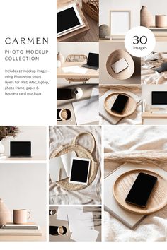 a collage of photos with various objects and text that reads garmen photo mockup collection