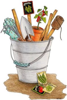 a bucket full of gardening tools on the ground