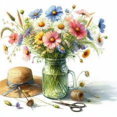 a painting of flowers in a mason jar and hat on the ground next to it