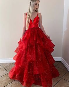 red spaghetti straps formal dress with sparkle layered skirt Sparkly Ball Gown, Ruffle Prom Dress, Tulle Sleeves, Long Prom Gowns, Burgundy Prom Dress, Red Evening Dress, Long Prom Dresses, Red Prom, Tulle Prom Dress