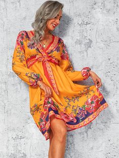 Cotton-blend 3/4 Sleeve V Neck Floral Weaving Dress, Yellow / L Floral Weaving, Weaving Dress, Knee Sleeves, Boho Dresses, Dress Yellow, Floral Shorts, Unique Designers, Types Of Dresses, Trendy Tops